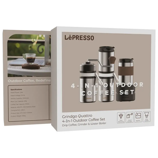Lepresso Grindo Quattro 4-in-1 Outdoor Coffee Set - Silver